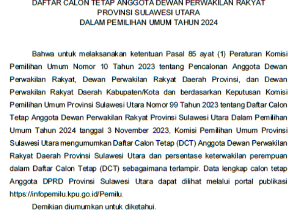 DCT DPRD Resmi Ditetapkan dan Diumumkan KPU Sulut